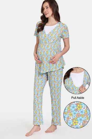 Buy Zivame Maternity Retro Flowers Knit Cotton Pyjama Set - Cyan Blue